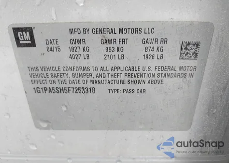 2015 Chevrolet Cruze Ls Auto из США, поврежденный, VIN 1G1PA5SH5F7253318